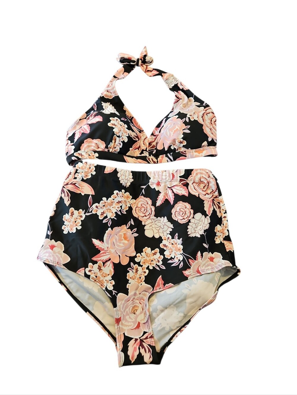 Women's Floral High-Waist Bikini 2 Piece Swimsuit - Black/Pink Size Large